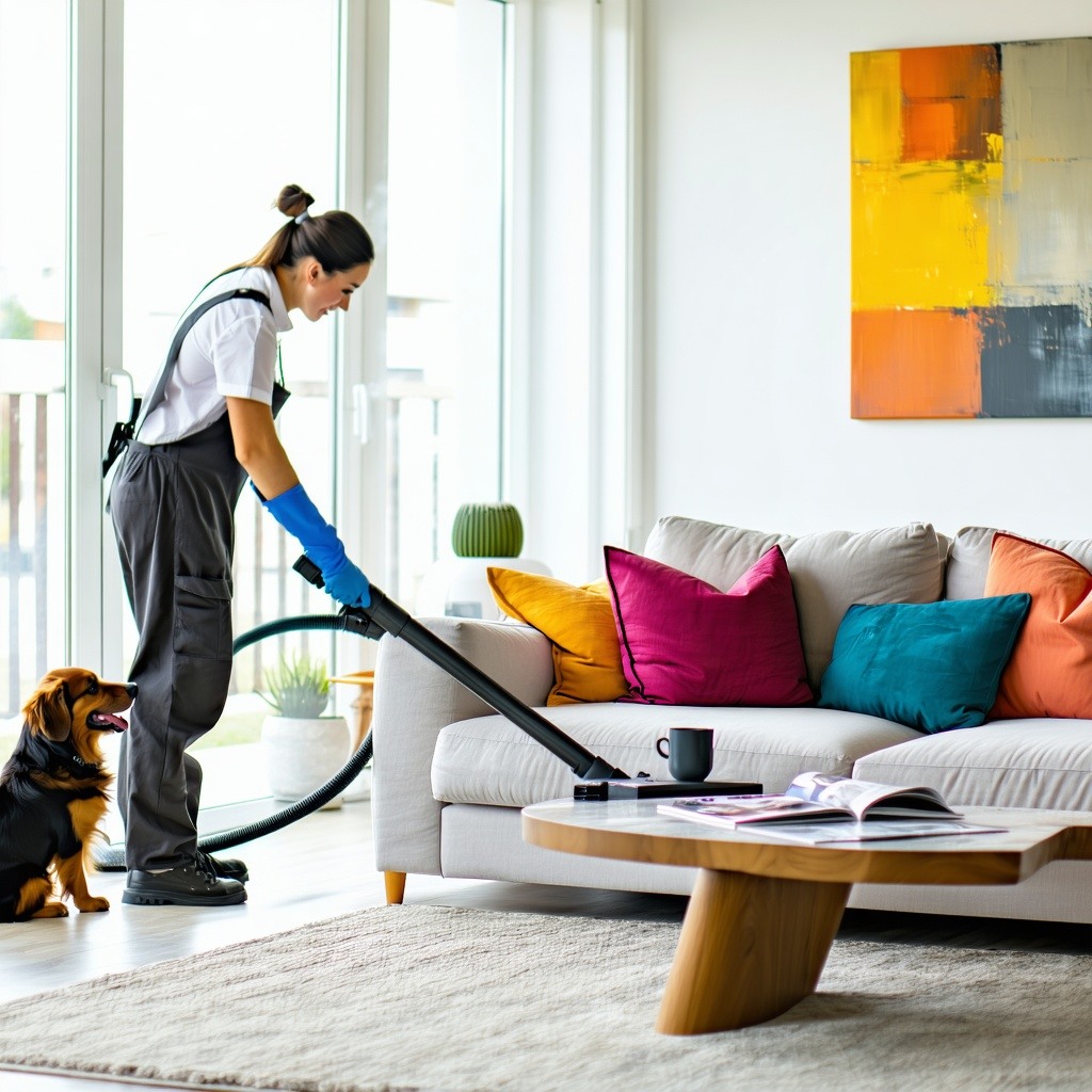 A bright modern living room features a plush lightcolored sofa adorned with vibrant throw pillows Sunlight filters through large windows casting a warm glow across the space In the foreground a professional cleaner wearing a clean uniform expertly us-1