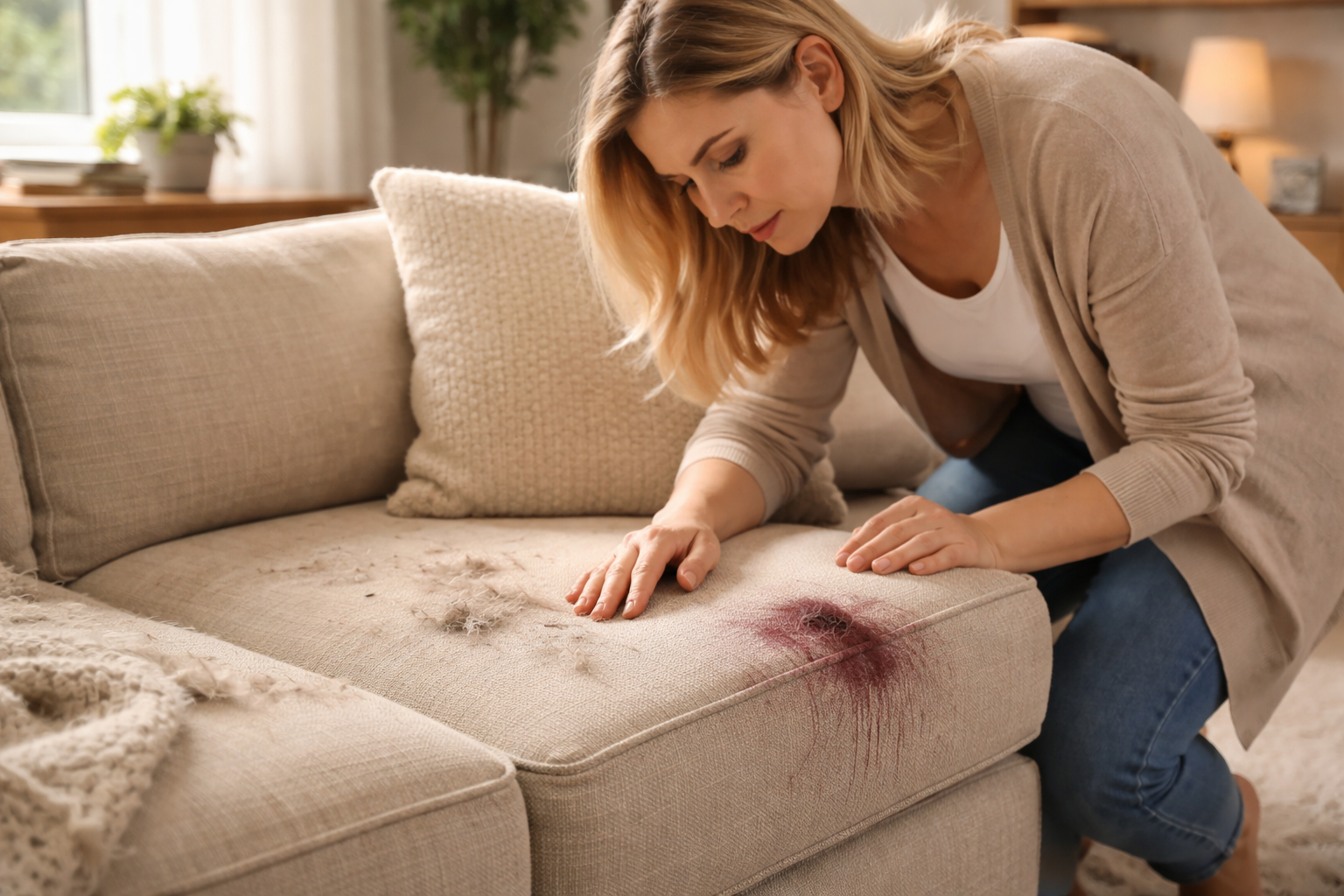 Dirty upholstered sofa with pet hair, stains, and dust buildup in Fort Mill home