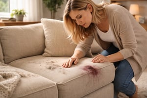 Fort Mill homeowner inspecting beige sofa with pet hair, dust, and wine stain showing need for professional upholstery cleaning