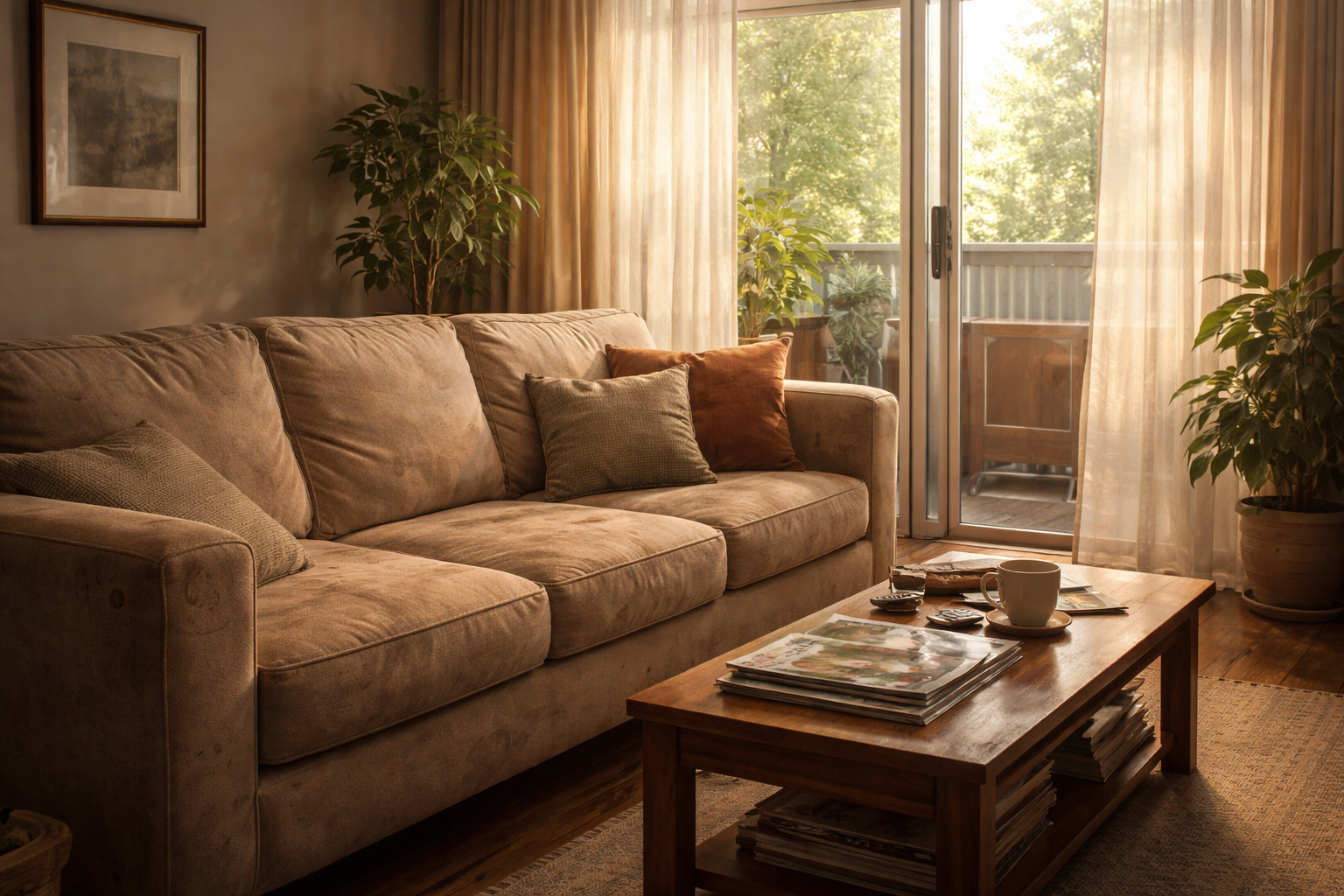 Close-up of professional upholstery cleaning wand extracting dirt from a couch cushion before move-out inspection