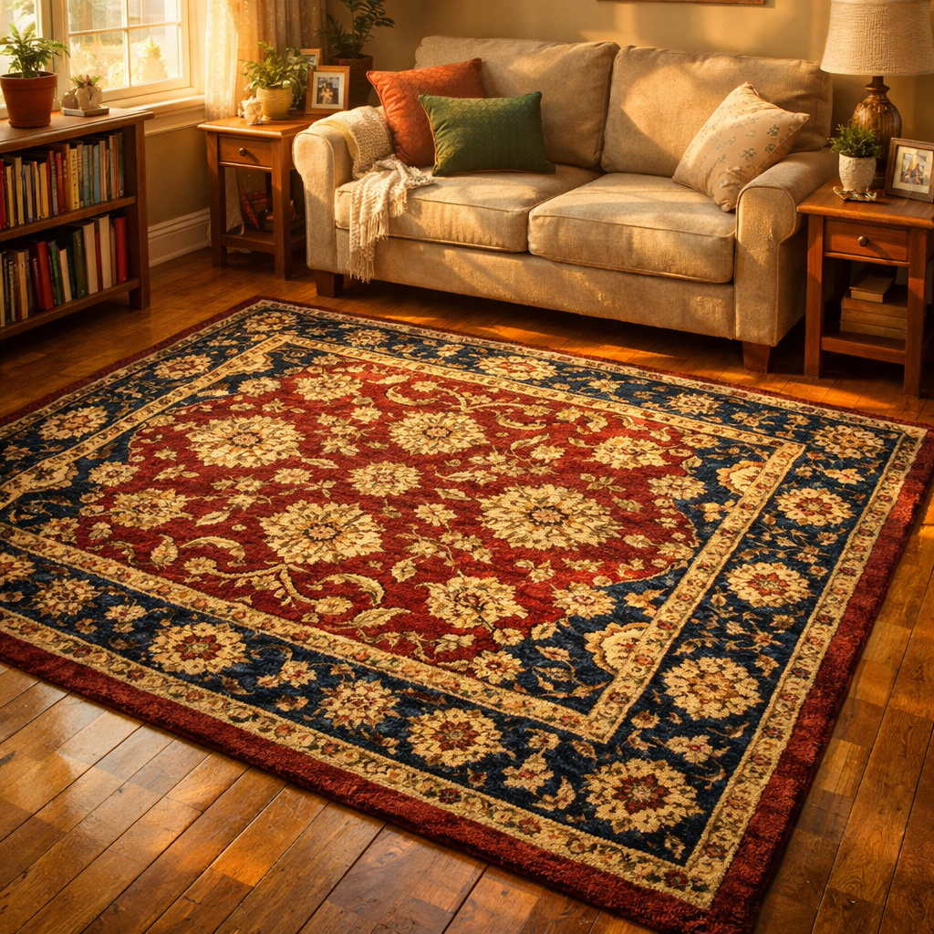 Cozy Living Room with Patterned Rug and Warm Sunlight-1