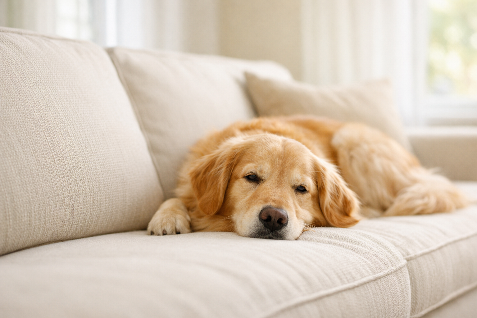 Golden retriever resting on a clean cream fabric sofa in a bright living room — professional upholstery cleaning in Rock Hill, SC