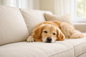 Golden retriever resting on a clean cream fabric sofa in a bright living room — professional upholstery cleaning in Rock Hill, SC