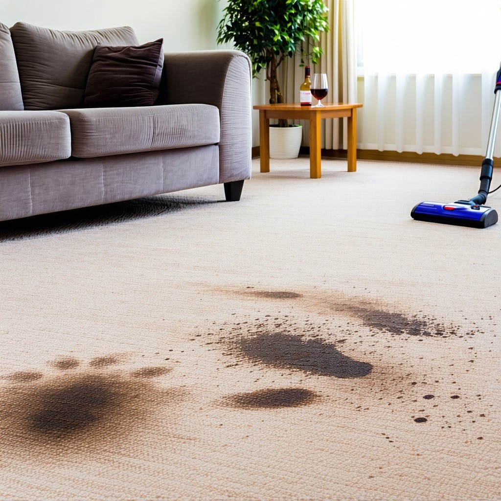 The image depicts a welllit living room with a plush beige carpet showing signs of wear and several noticeable stains including dark splotches from spilled wine and muddy footprints The furniture consisting of a stylish gray sofa and a wooden coffee-1