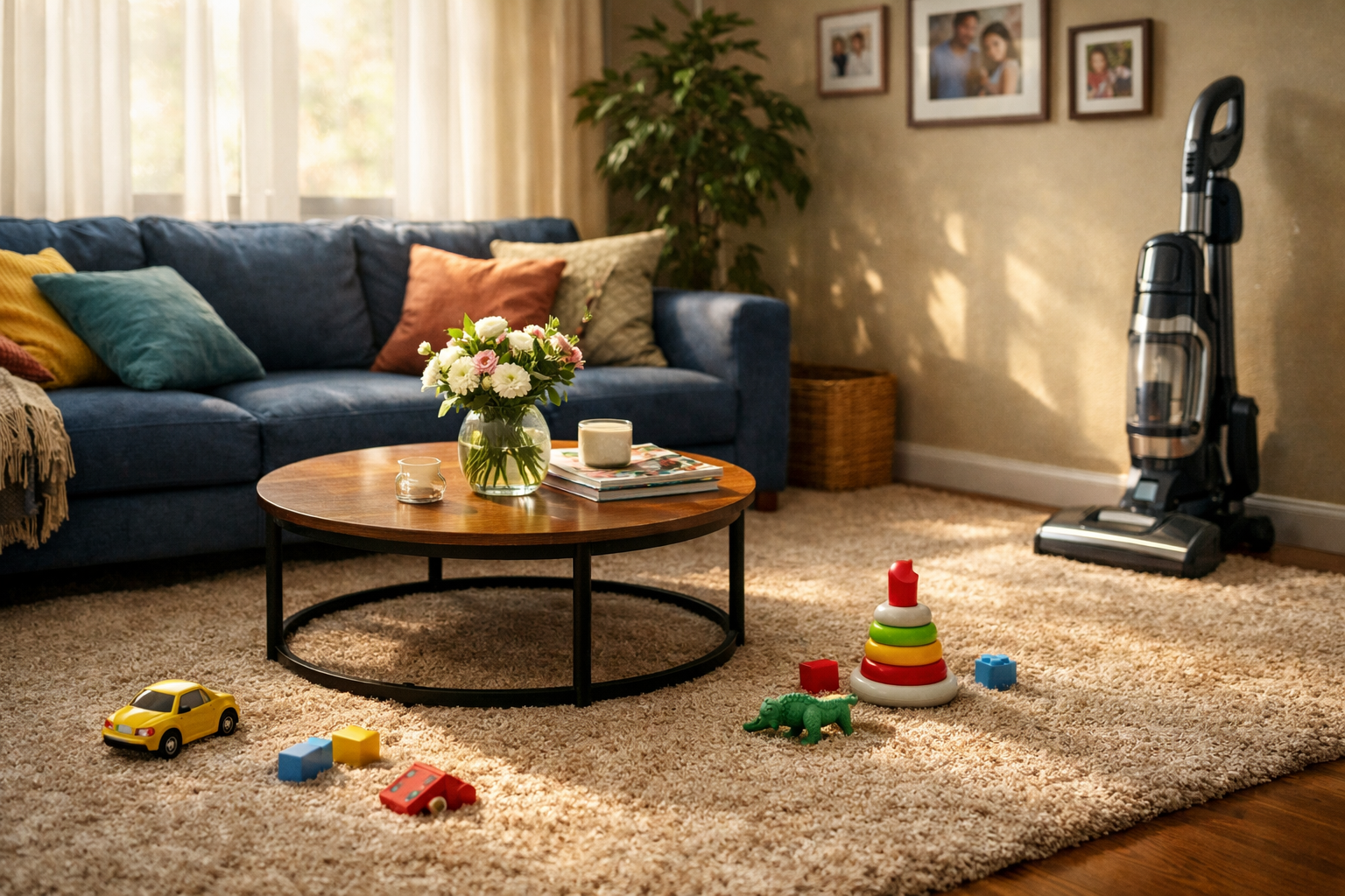 photographic The image depicts a cozy living room with a soft plush carpet in a warm beige tone adorned with a variety of colorful throw pillows on a