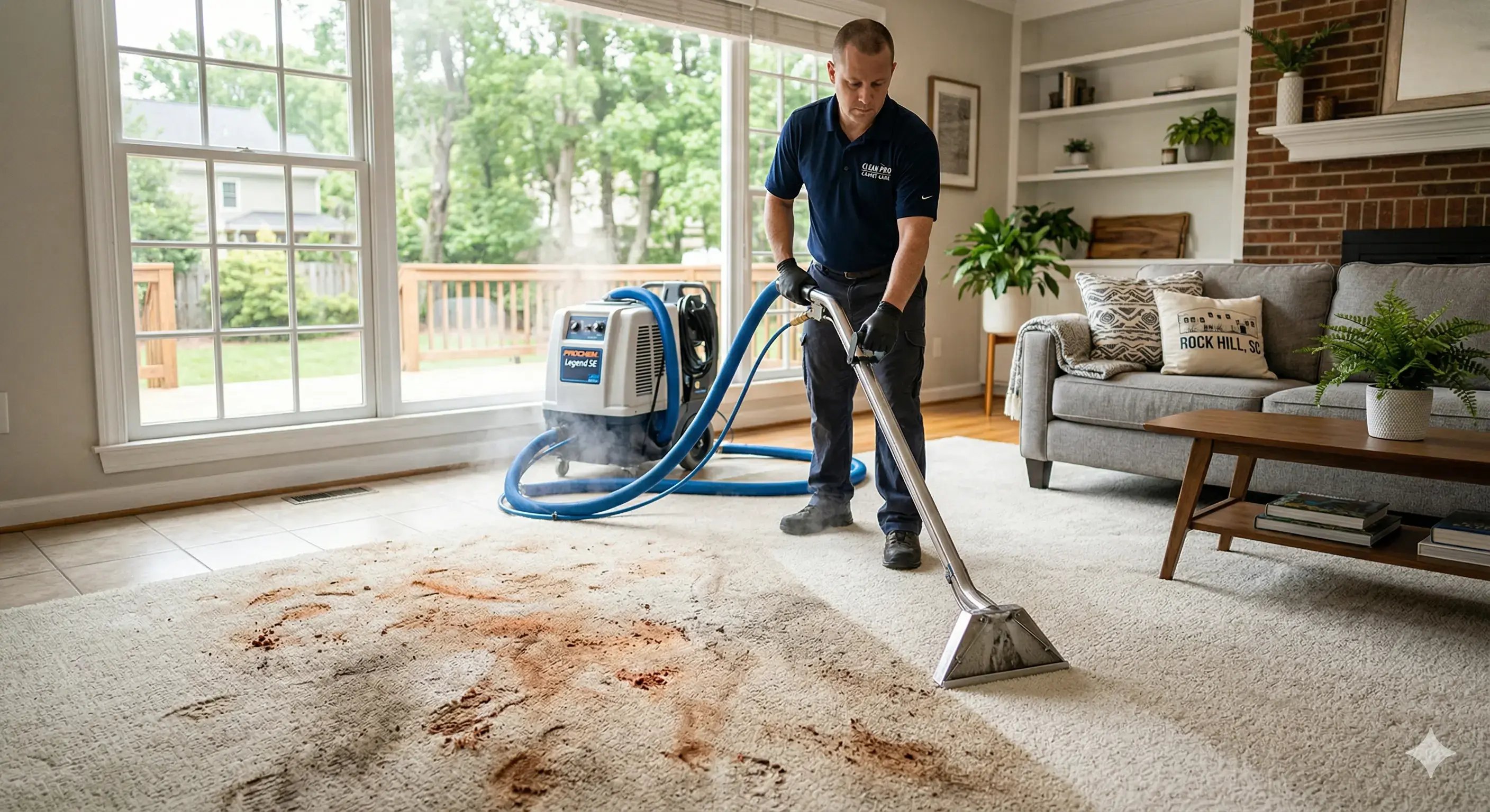 Carpet cleaning in Rock Hill SC showing red clay stain removal with professional steam cleaning before and after