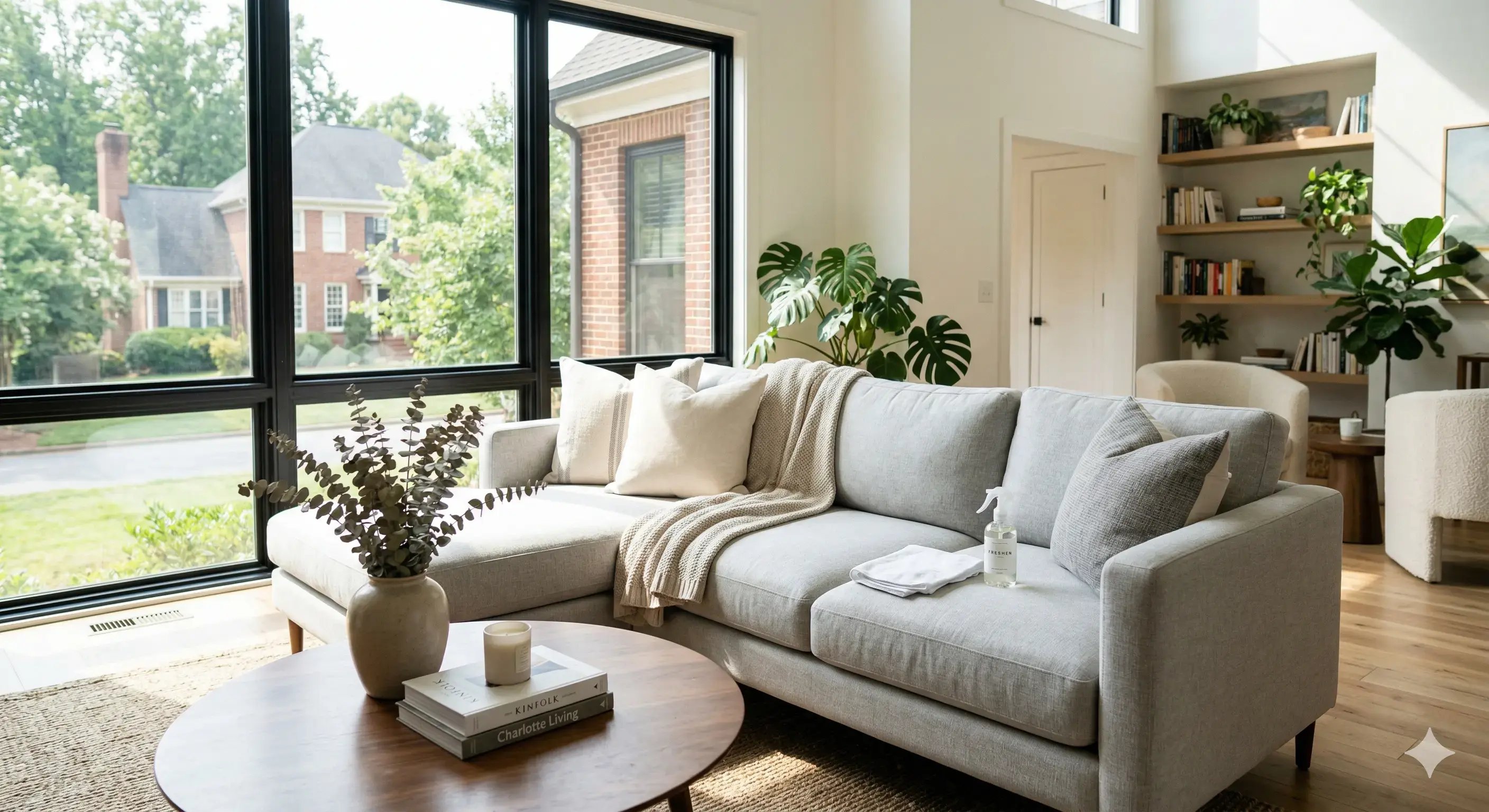 A clean fabric sofa in a Charlotte home. Regular upholstery cleaning keeps fibers fresh and allergen-free year-round.