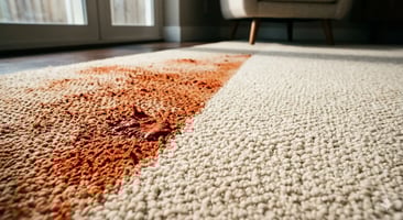 Red clay stains being removed from carpet in a Rock Hill SC home showing before and after cleaning