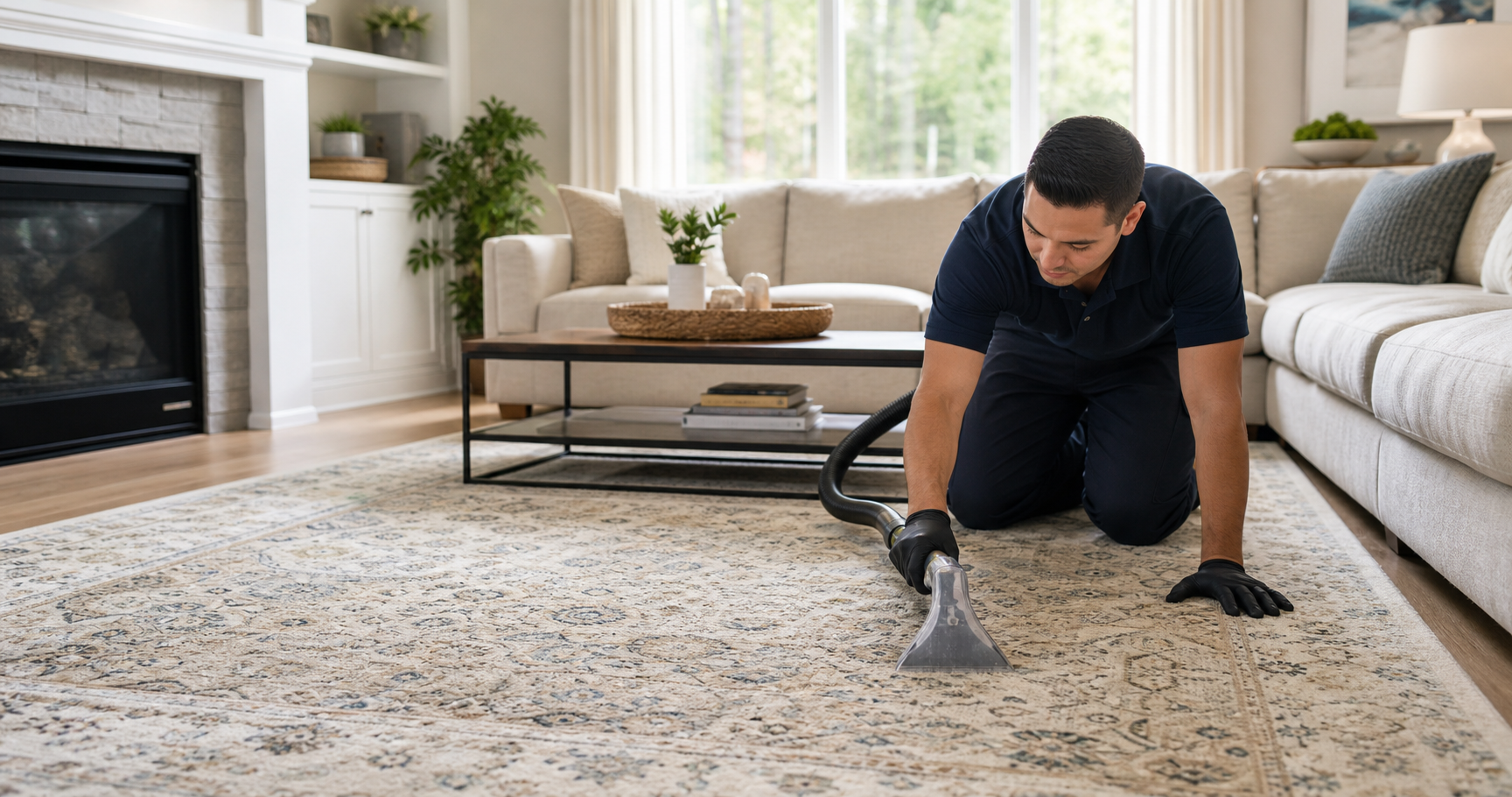 Professional area rug cleaning in Charlotte NC being performed in a bright living room by a Velvo technician