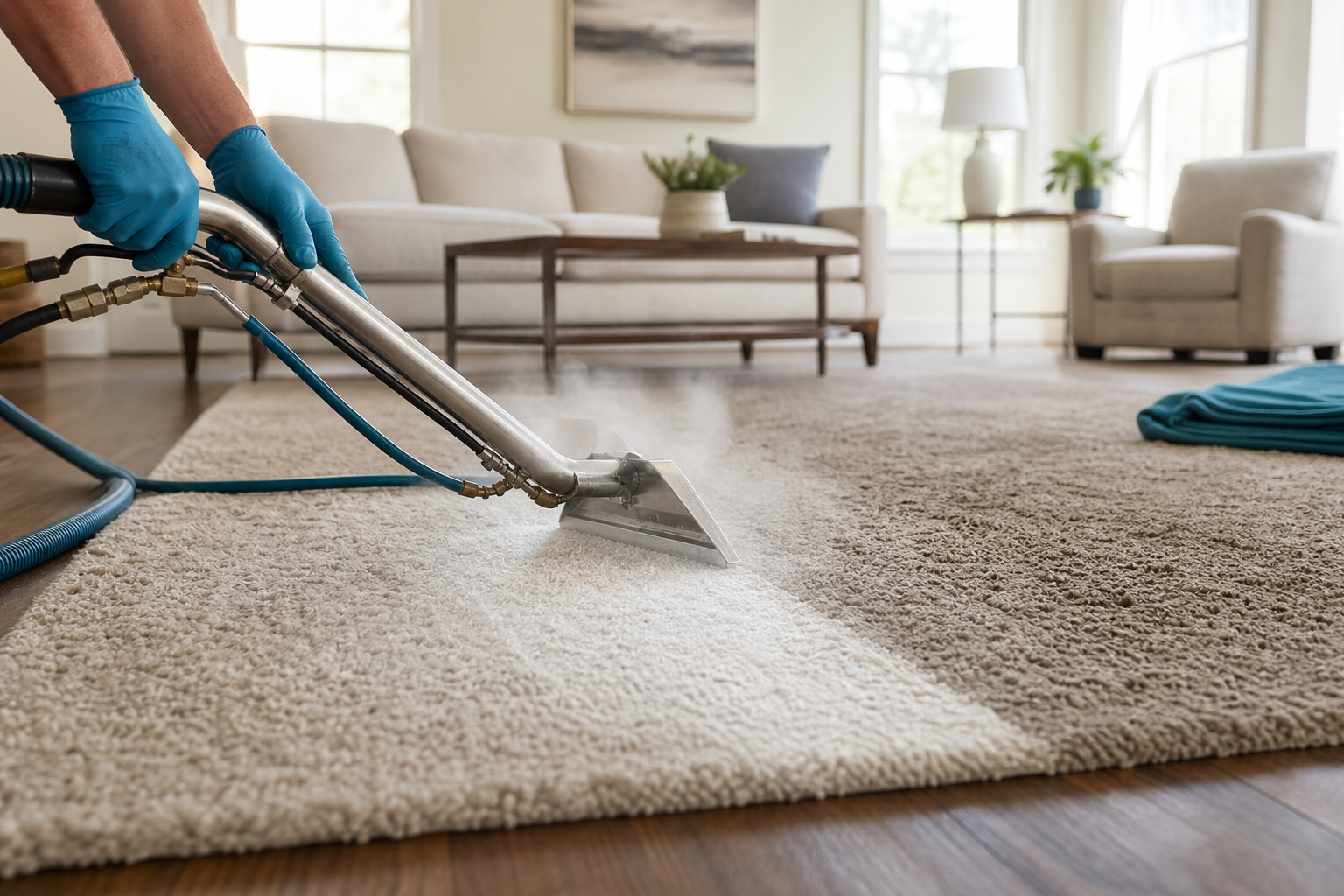 Professional area rug cleaning in Fort Mill, SC — hot water extraction removing embedded dirt from a wool rug