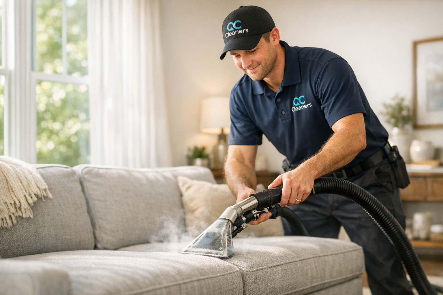 Professional upholstery cleaning in Charlotte NC — clean gray fabric sofa in a bright living room​​​​​​​​​​​​​​​​