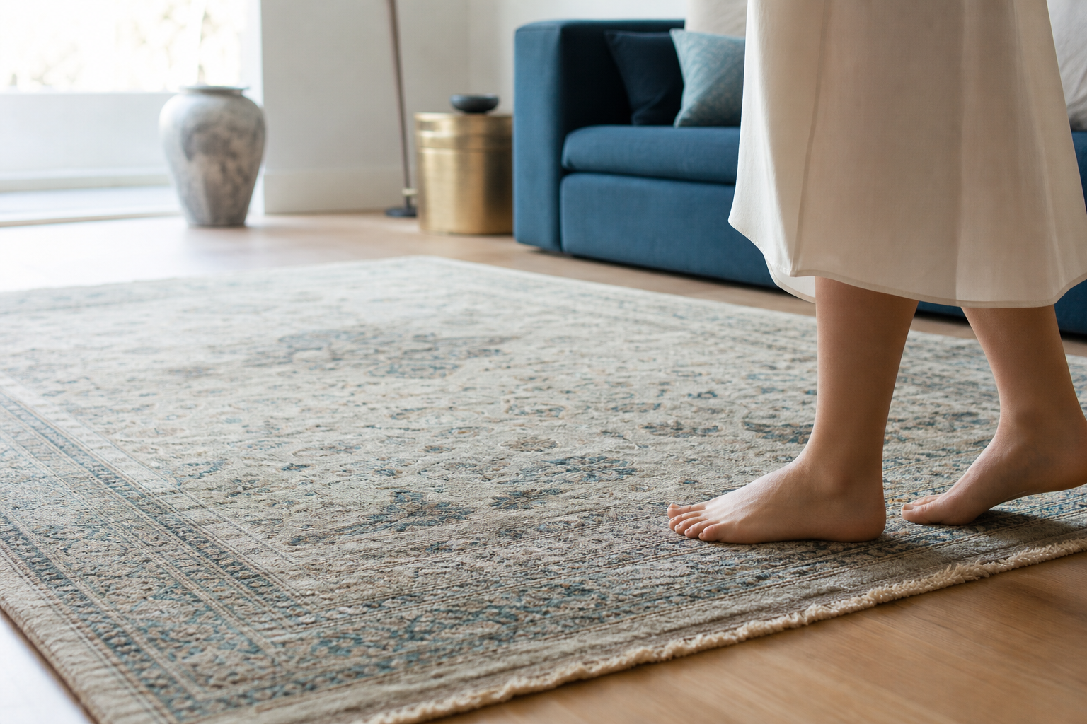 Area rug cleaning in Rock Hill, SC — freshly cleaned oriental-style rug on hardwood floor, bare feet stepping onto soft, restored fibers