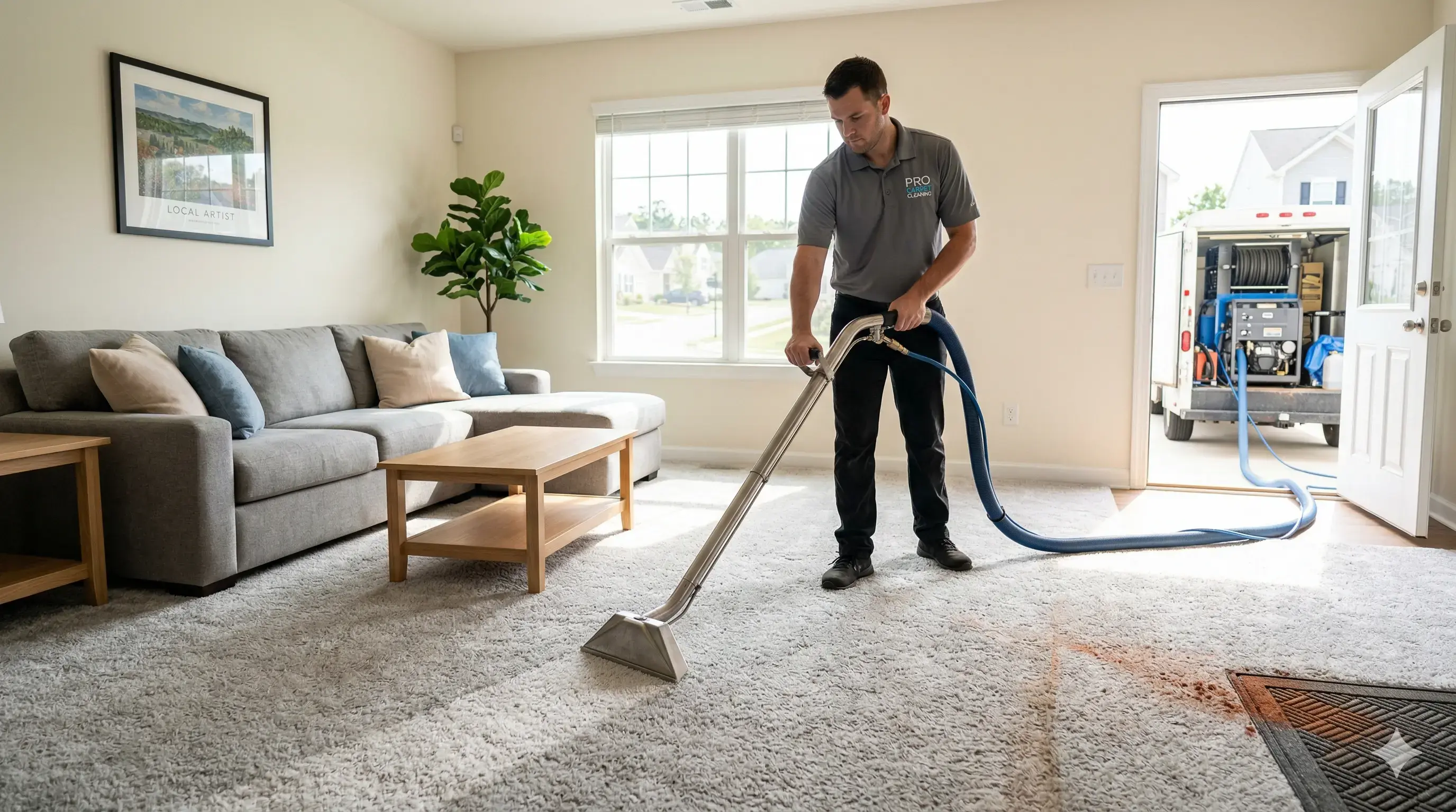 Professional carpet cleaning in Fort Mill SC using hot water extraction to remove dirt, allergens, and red clay stains from residential carpet