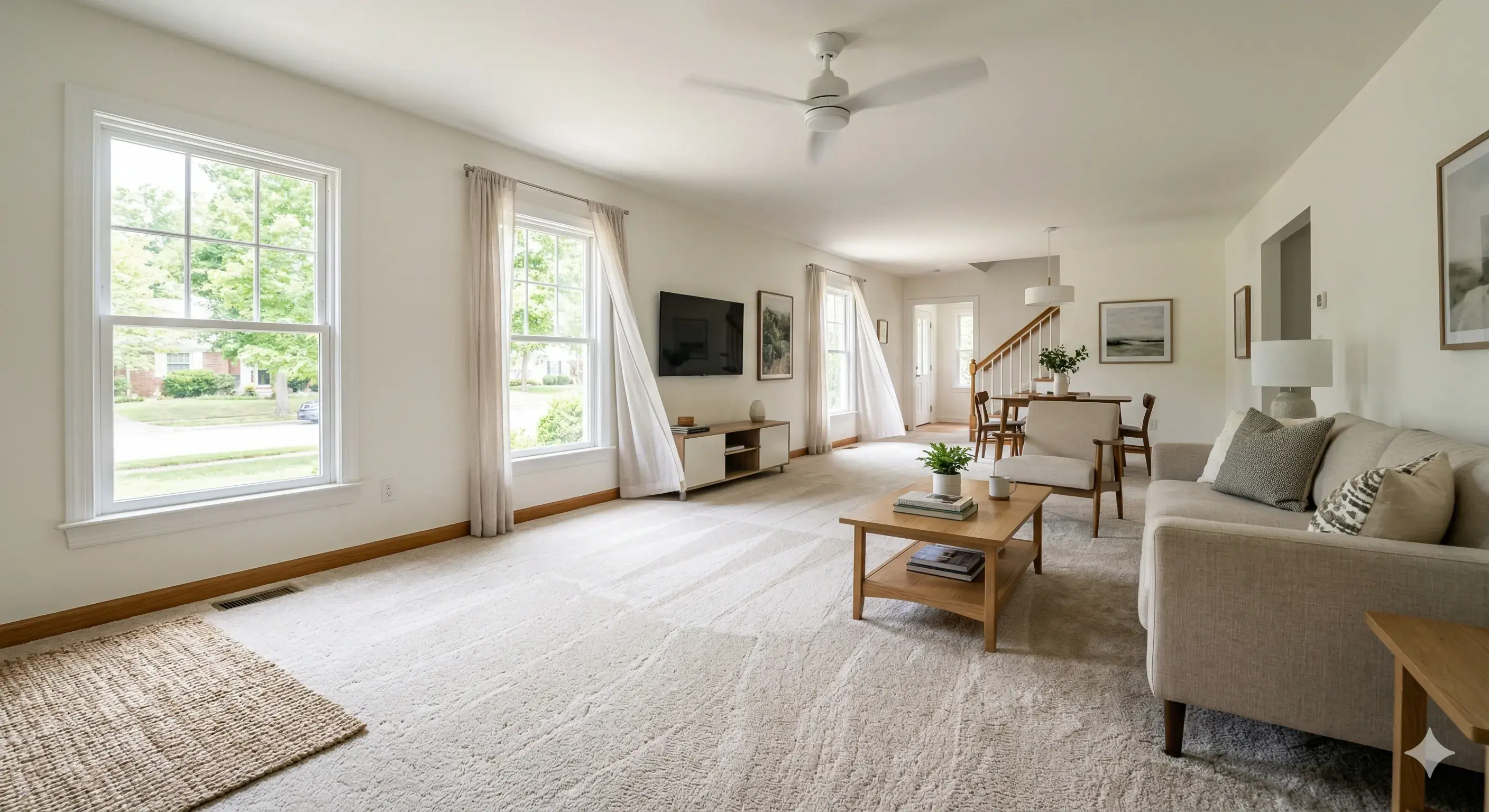 carpet drying after steam cleaning in living room with airflow and sunlight