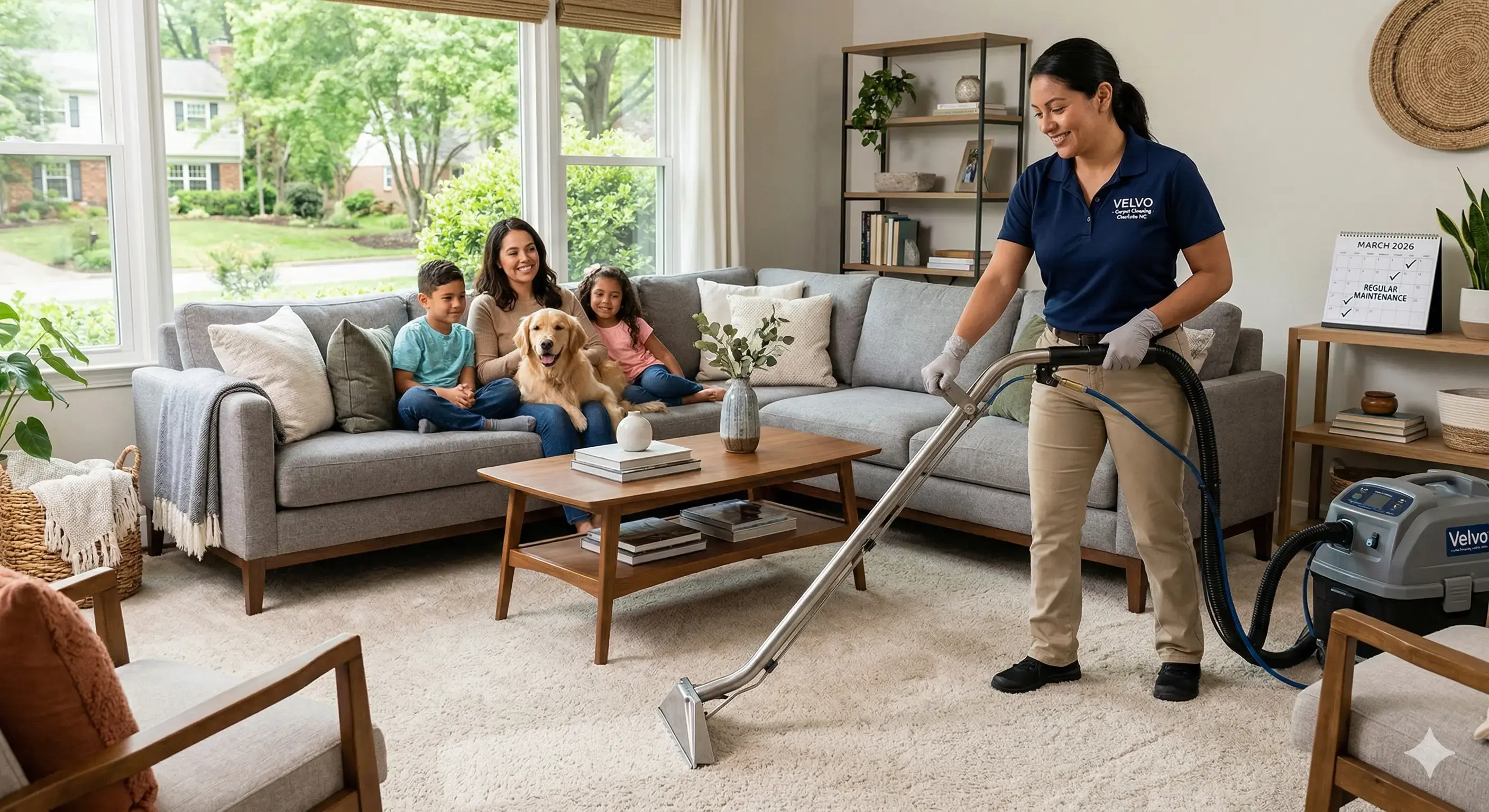Professional Velvo technician steam cleaning a living room carpet for a family with a dog in Charlotte.