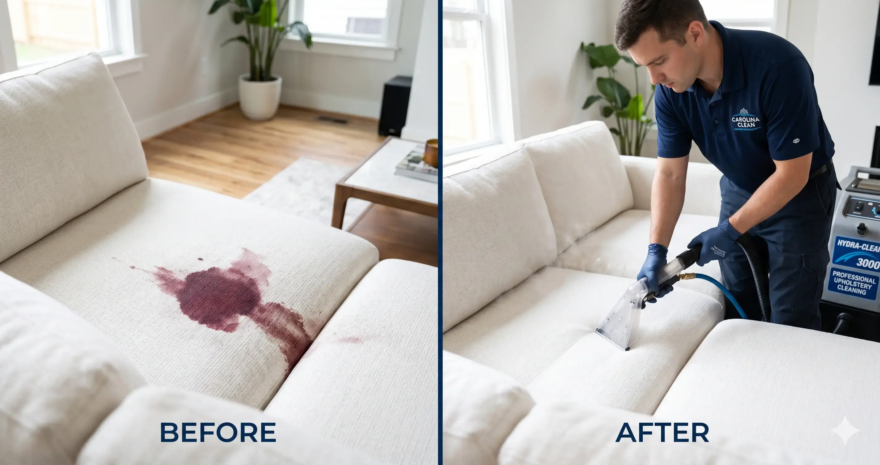 Velvo technicians use professional-grade hot water extraction equipment to remove deep stains from sofas and upholstered furniture in Charlotte, NC.