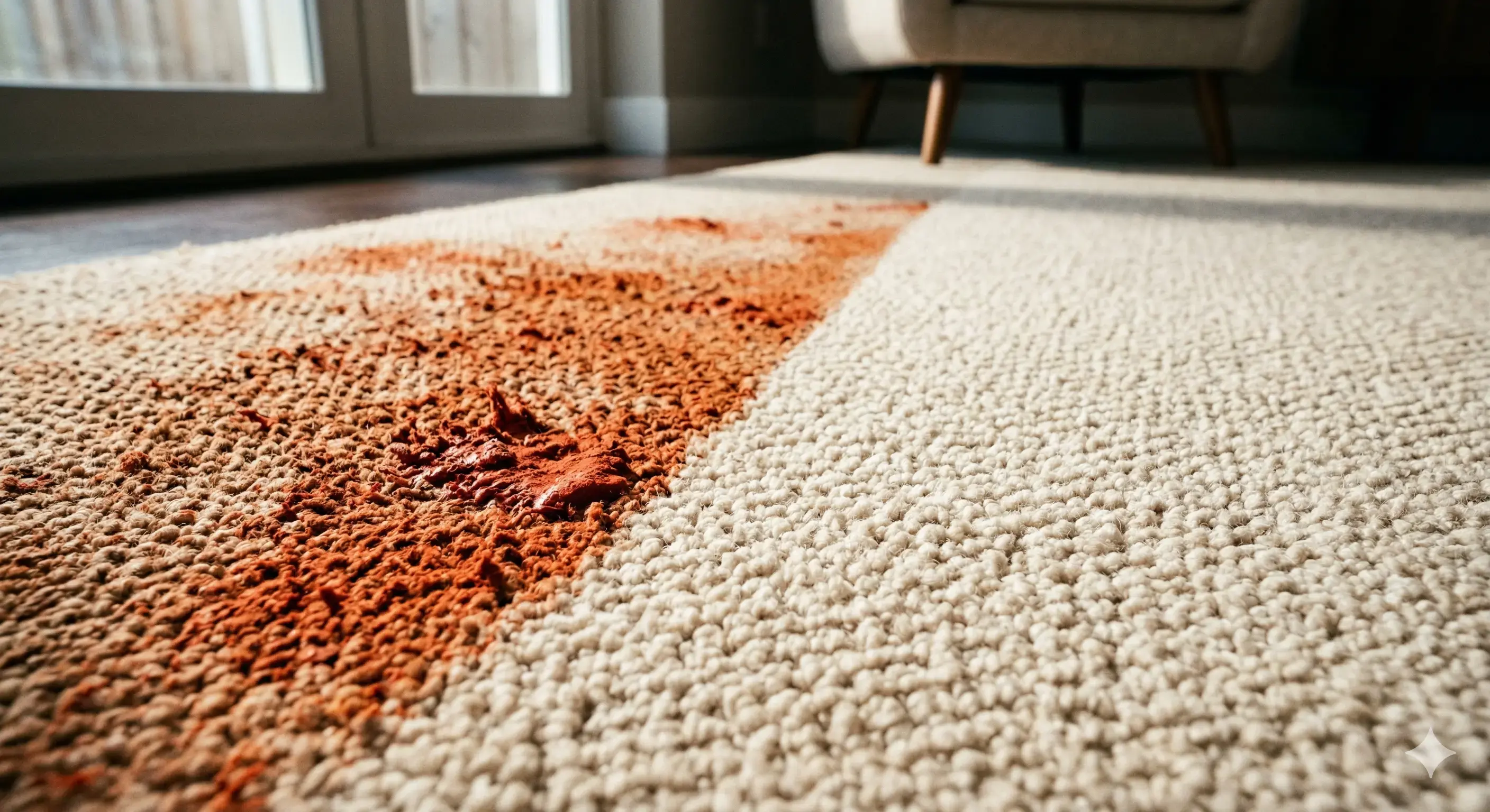 Red clay stains being removed from carpet in a Rock Hill SC home showing before and after cleaning